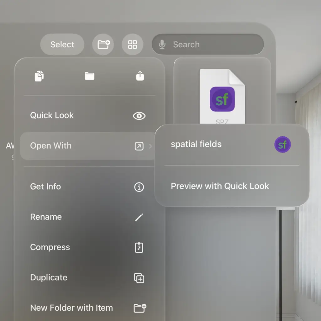 Files import screen in visionOS with spatial fields app